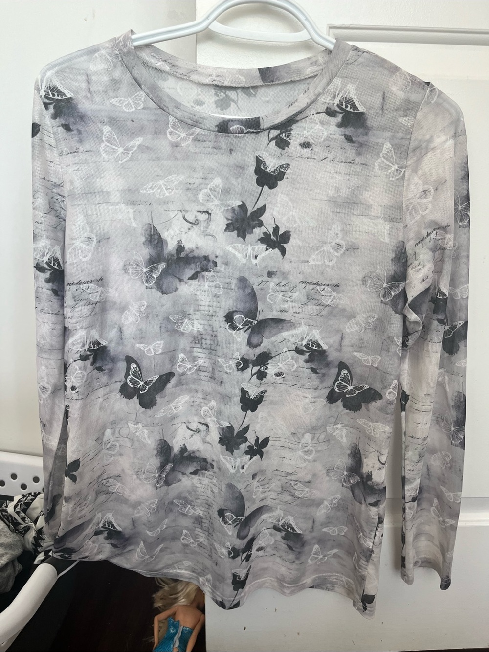 Gray Butterfly Mesh Long Sleeve Top | Y2K Fairy Grunge Coquette